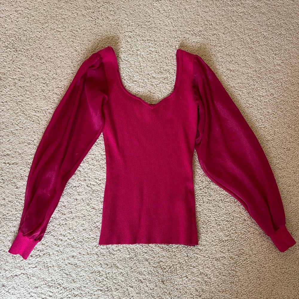 Adelyn Rae Pink Knit top with sheer puff sleeves